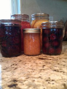 Boiling water bath method of preserving food is used for picked beets, tomatoes, peaches, apricot jam and cherries