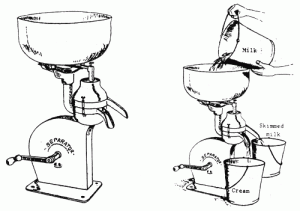 Diagram of milk separator showing milk and cream coming out separate spouts