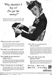 Advertisement of young woman asking why she shouldn't buy somehting if she had the money