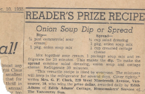 Edith Adams onion soup dip reader's prize recipe