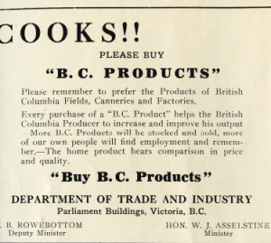 Advertisement - Vncouver Province 1939 - Cooks! Please buy BC products.