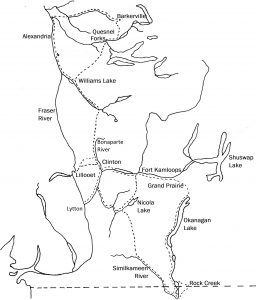 Map of the Old Brigade Trail - how beef for the colony of British Columbia